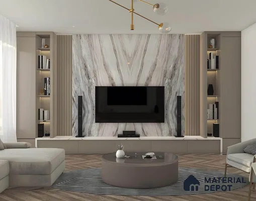 Modern Living Room with Striking Marble Feature Wall | Material Depot