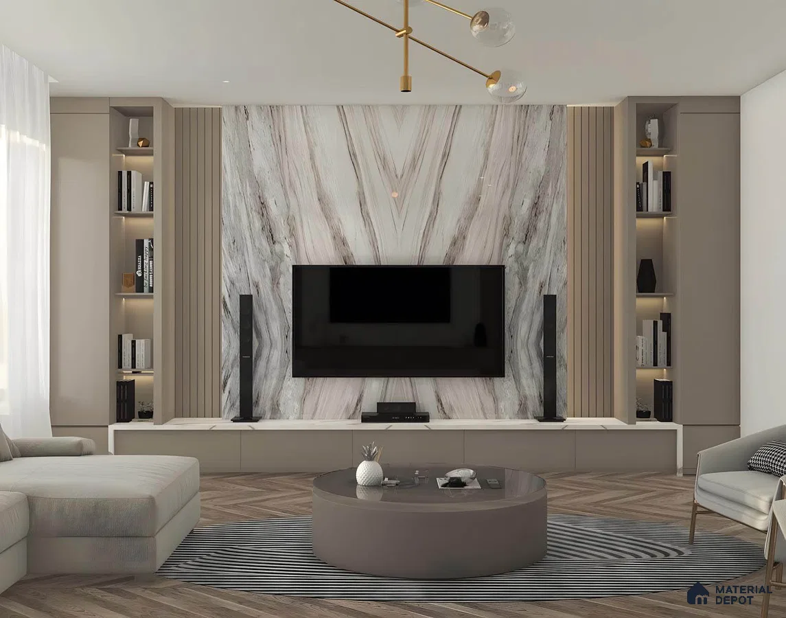 Modern Living Room with Striking Marble Feature Wall | Material Depot