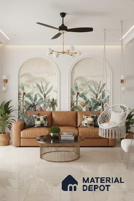 Modern living room with tan leather sofa, tropical wallpaper, and glossy beige marble floor tiles in Bengaluru