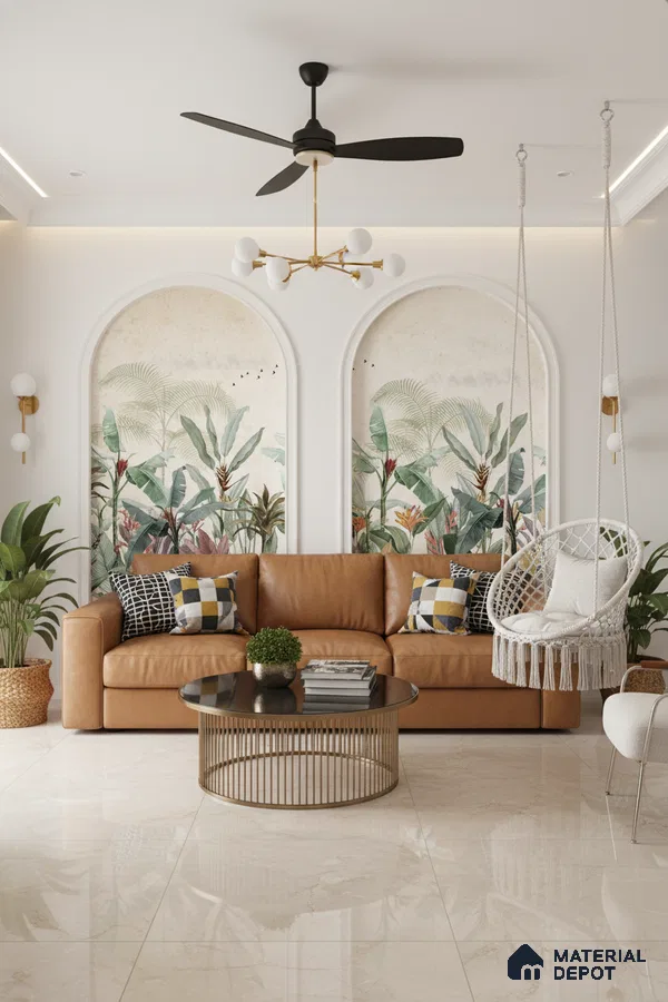 Modern living room with tan leather sofa, tropical wallpaper, and glossy beige marble floor tiles in Bengaluru