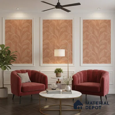 Modern living room with terracotta floral wallpaper panels and velvet accent chairs in Bengaluru