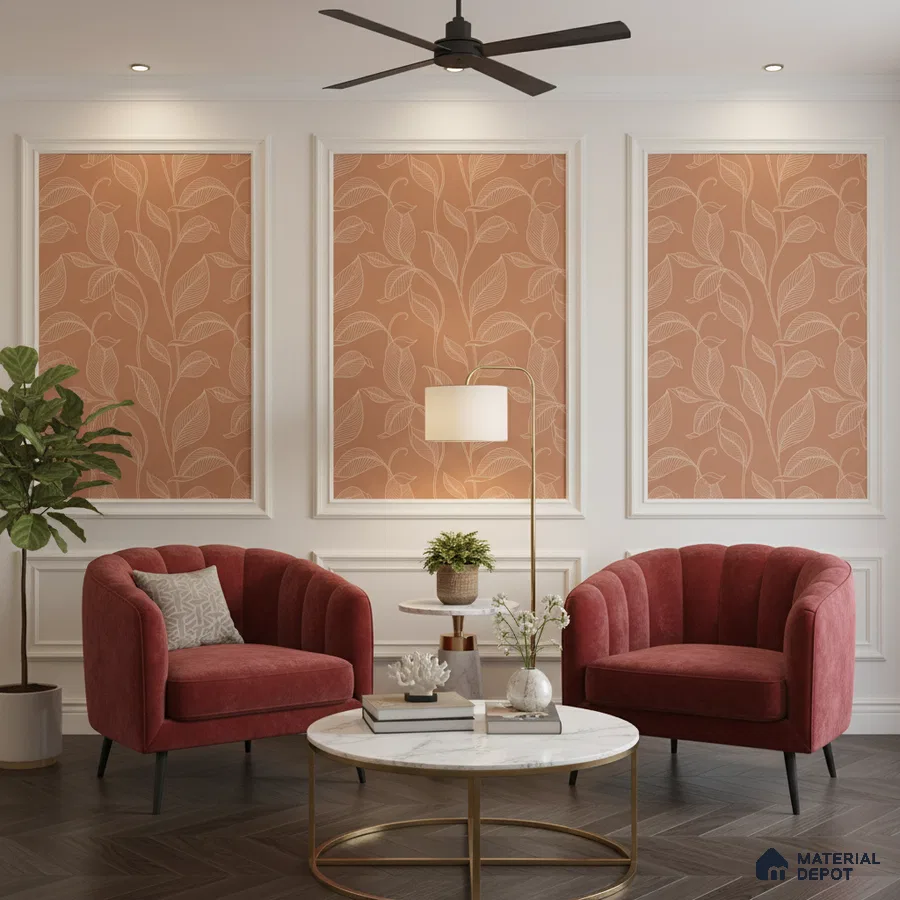 Modern living room with terracotta floral wallpaper panels and velvet accent chairs in Bengaluru
