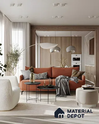 Modern Living Room with Terracotta Sofa and Neutral Tones | Material Depot