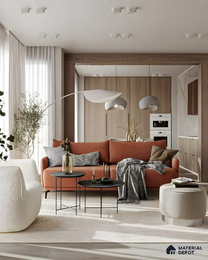 Modern Living Room with Terracotta Sofa and Neutral Tones | Material Depot