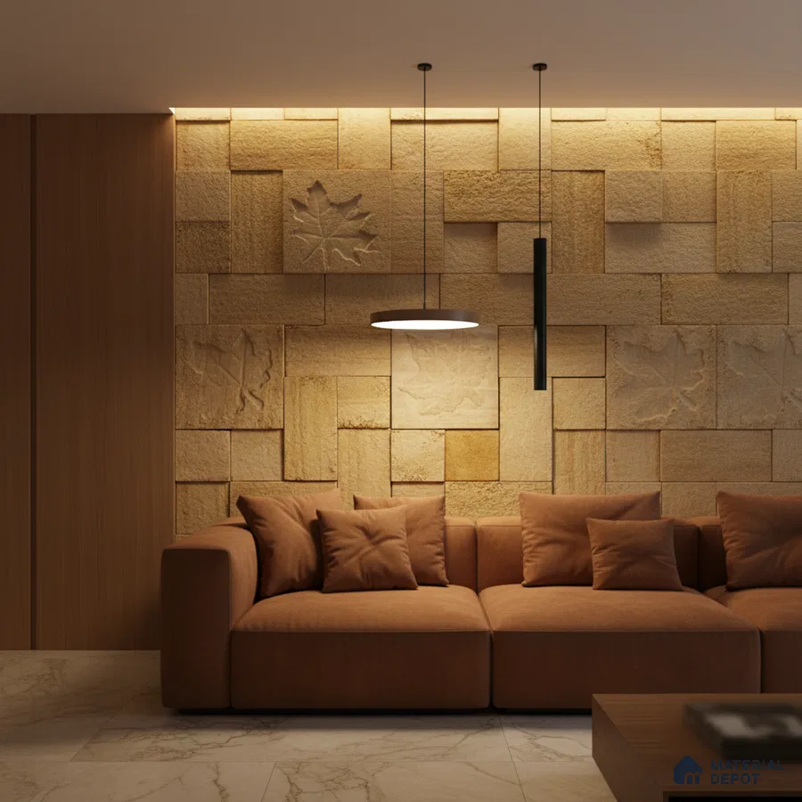 Modern living room with textured sandstone cladding wall and marble floor tiles in Bengaluru