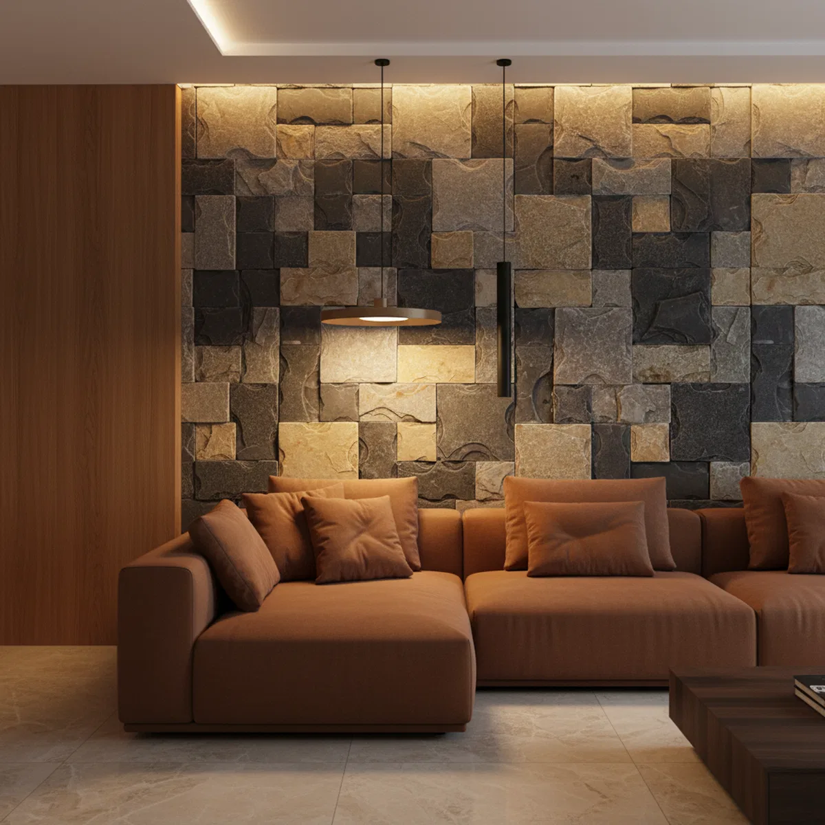 Modern living room with textured stone cladding accent wall and beige ...