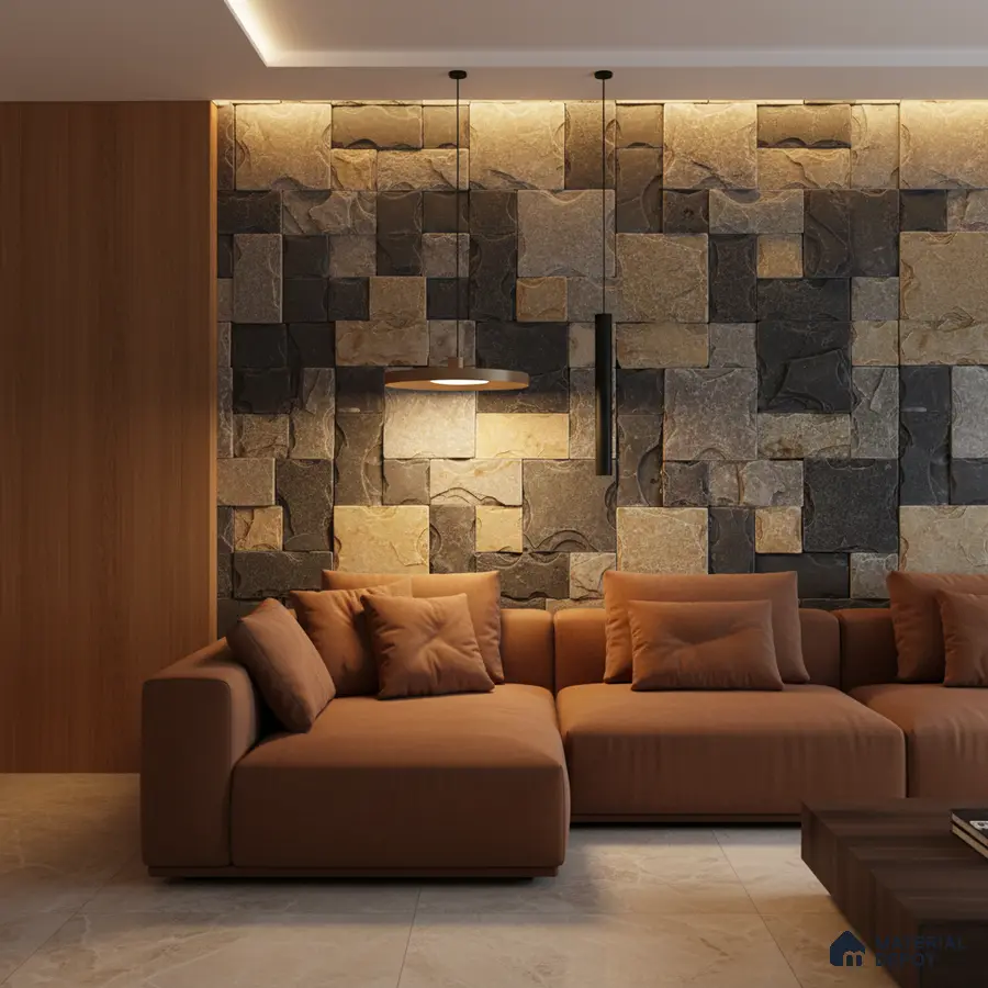 Modern living room with textured stone cladding accent wall and beige marble floor tile in Bengaluru