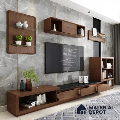 Modern Living Room with Textured Stone Wall and Walnut Floating Units | Material Depot
