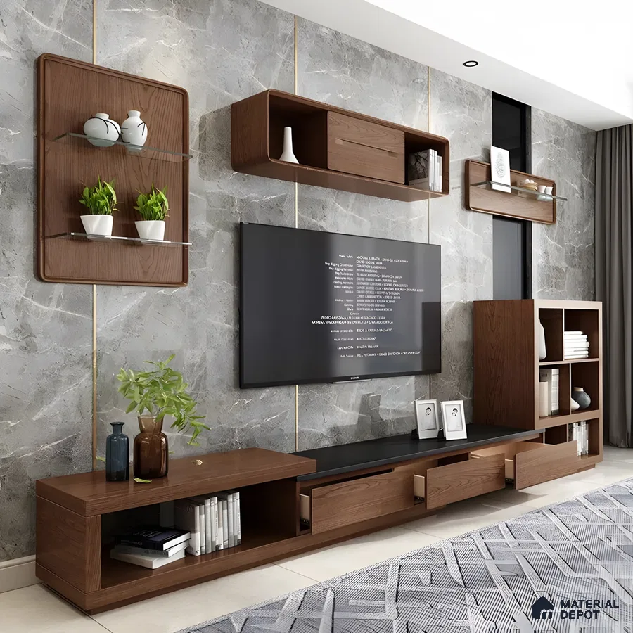 Modern Living Room with Textured Stone Wall and Walnut Floating Units | Material Depot