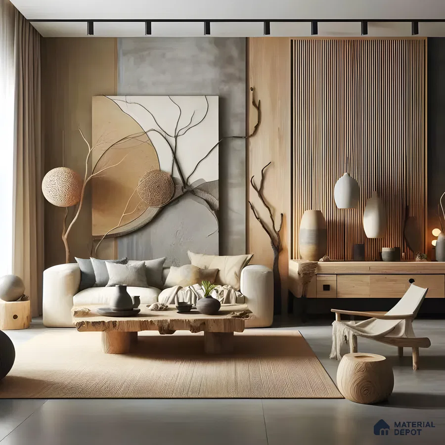 Modern Living Room with Textured Walls and Natural Elements | Material Depot