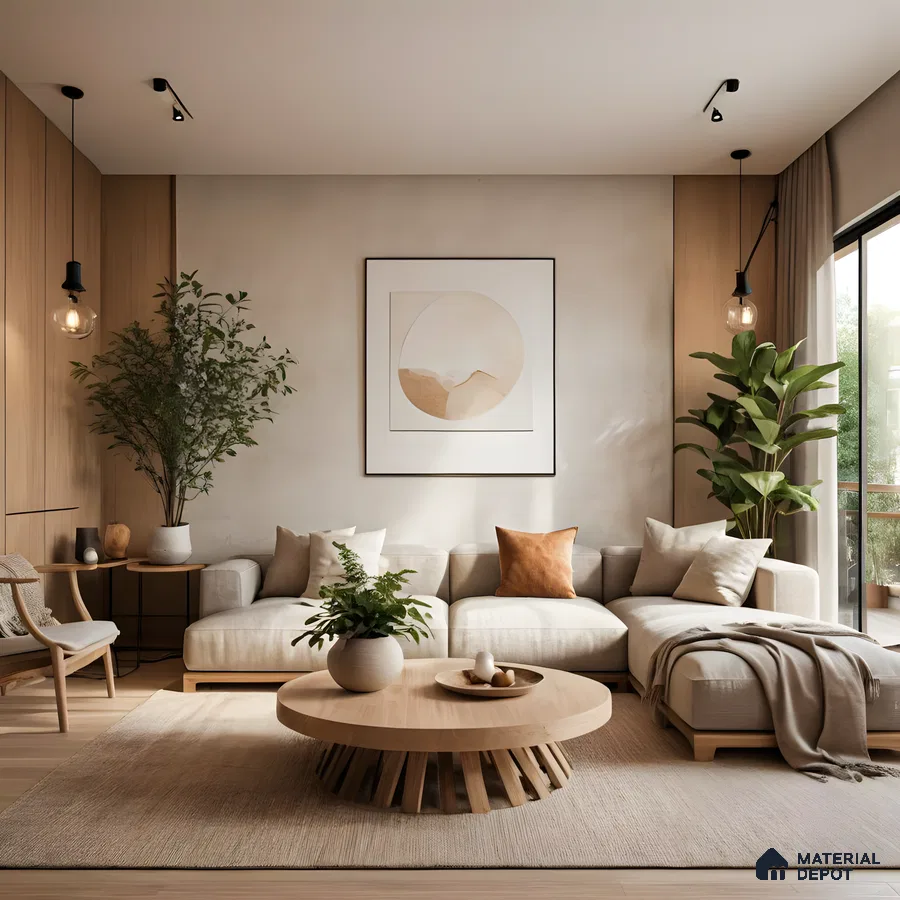 Modern Living Room with Textured Walls and Natural Elements | Material Depot
