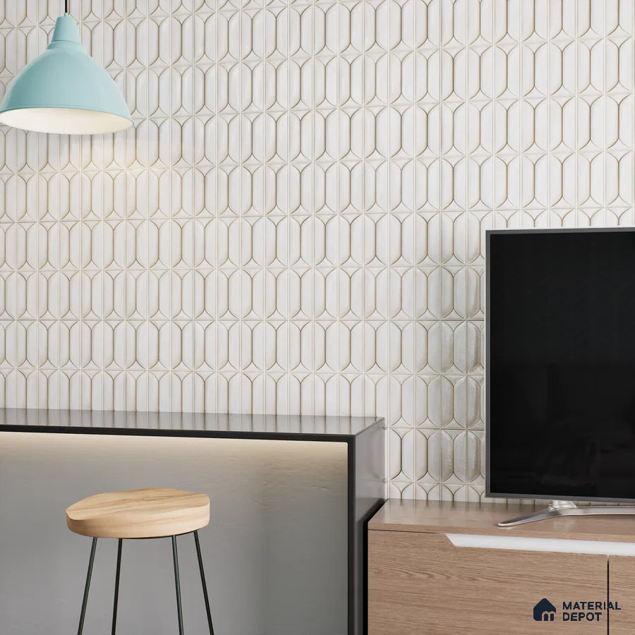 Modern Living Room with Textured White Tile Wall | Material Depot