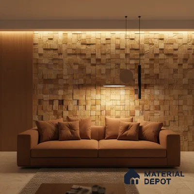 Modern living room with textured wood cladding accent wall and warm brown upholstery in Bengaluru