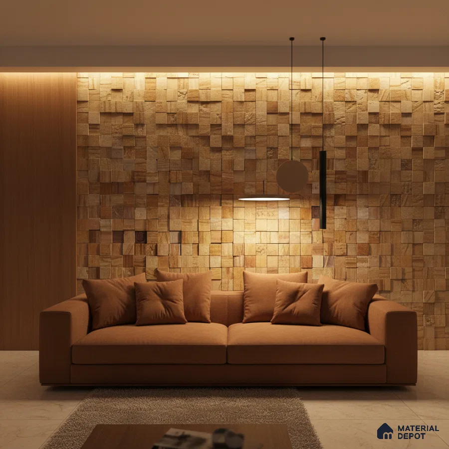 Modern living room with textured wood cladding accent wall and warm brown upholstery in Bengaluru