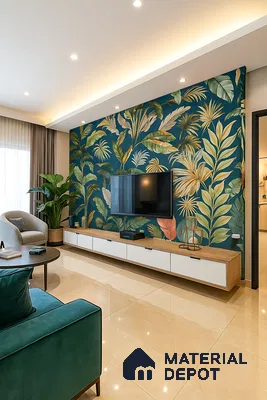 Modern Living Room with Tropical Botanical Wallpaper, Glossy Marble Tiles, Floating Wood TV Console & Elegant Soft Furnishings | Material Depot