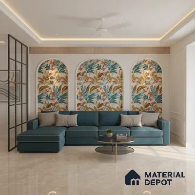 Modern living room with tropical floral wallpaper and beige marble floor tile in Bengaluru