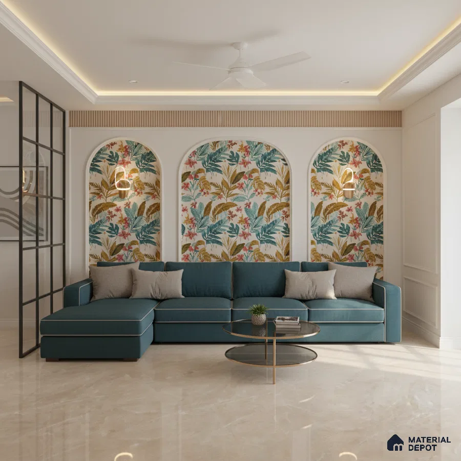 Modern living room with tropical floral wallpaper and beige marble floor tile in Bengaluru