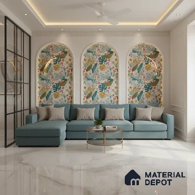 Modern living room with tropical floral wallpaper and marble look floor tiles in Bengaluru