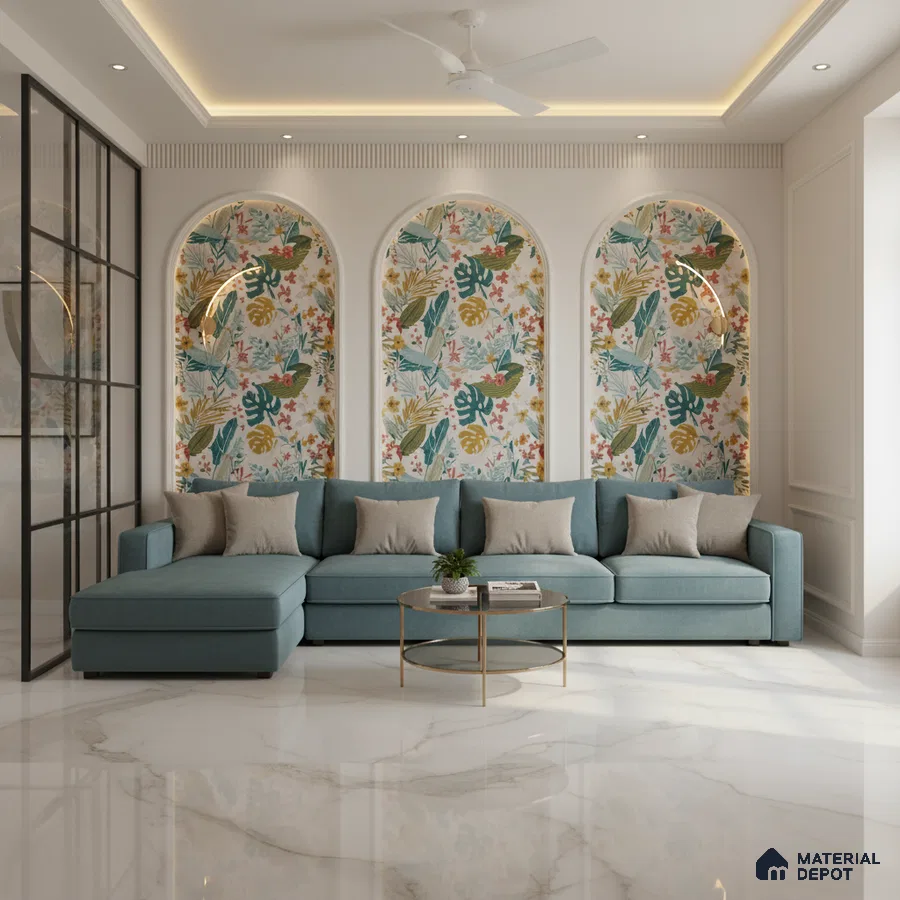Modern living room with tropical floral wallpaper and marble look floor tiles in Bengaluru