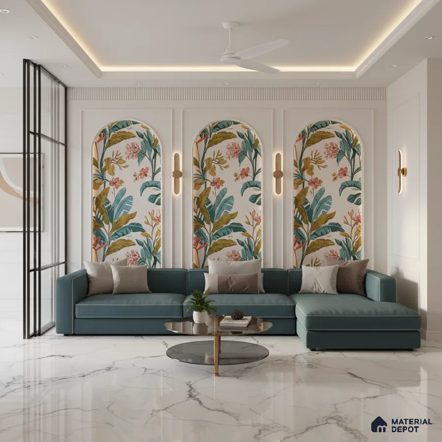 Modern living room with tropical floral wallpaper and white marble floor tiles in Bengaluru
