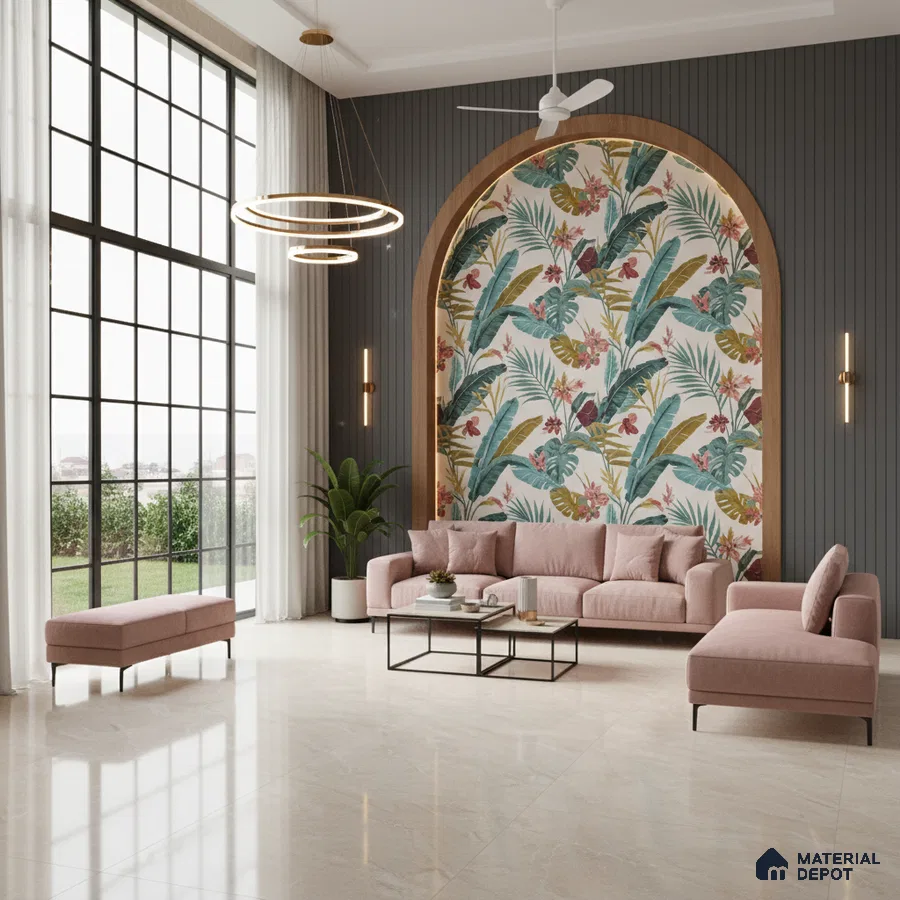 Modern living room with tropical floral wallpaper, grey fluted wall panels, and beige marble floor tiles in Bengaluru