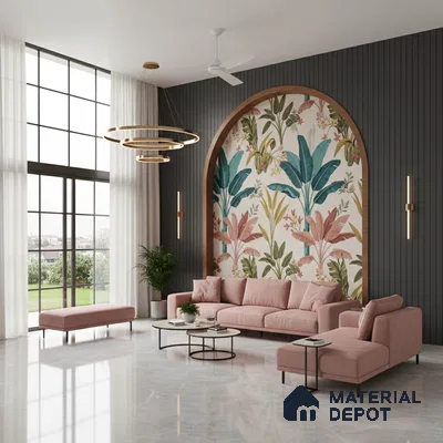 Modern living room with tropical floral wallpaper, grey fluted wall panels, and marble floor tiles in Bengaluru
