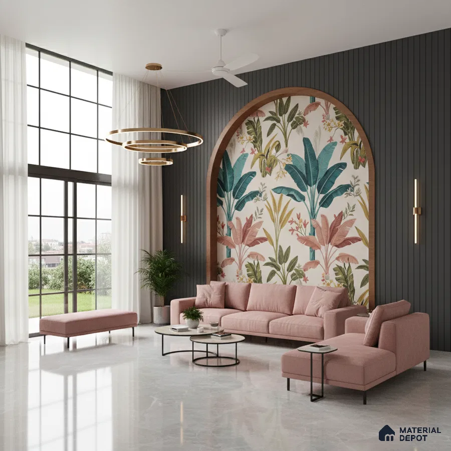 Modern living room with tropical floral wallpaper, grey fluted wall panels, and marble floor tiles in Bengaluru