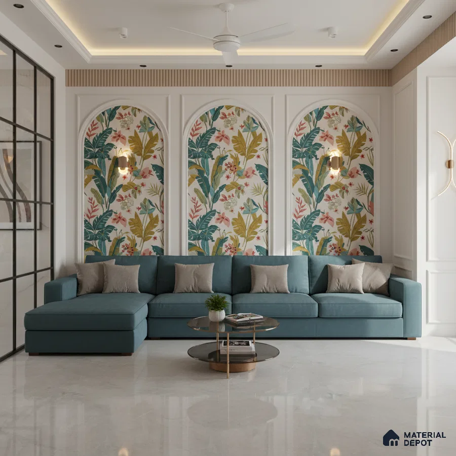 Modern living room with tropical floral wallpaper, teal sofa, and white marble floor tile in Bengaluru