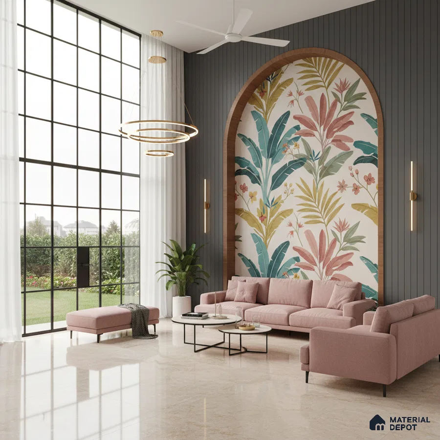 Modern living room with tropical floral wallpaper, vertical wood panels, and beige marble floor tiles in Bengaluru