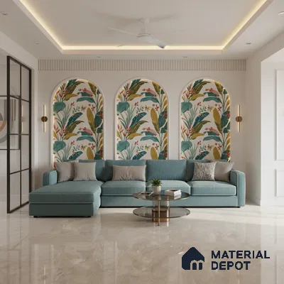Modern living room with tropical patterned wallpaper and glossy beige marble floor tile in Bengaluru