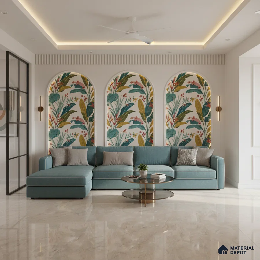 Modern living room with tropical patterned wallpaper and glossy beige marble floor tile in Bengaluru