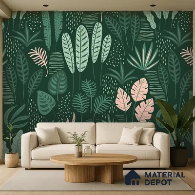 Modern living room with tropical patterned wallpaper and light wood coffee table in Bengaluru