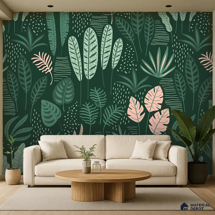 Modern living room with tropical patterned wallpaper and light wood coffee table in Bengaluru