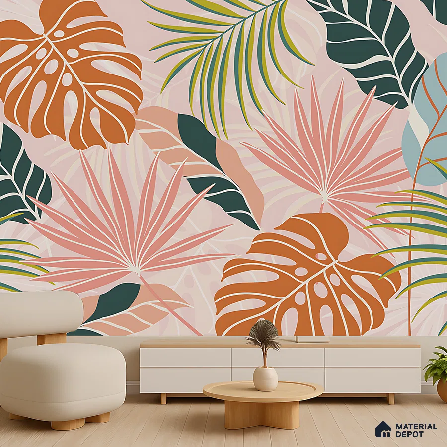 Modern living room with tropical patterned wallpaper and light wood flooring in Bengaluru