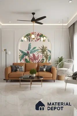 Modern living room with tropical wallpaper accent and glossy white marble floor tiles in Bengaluru