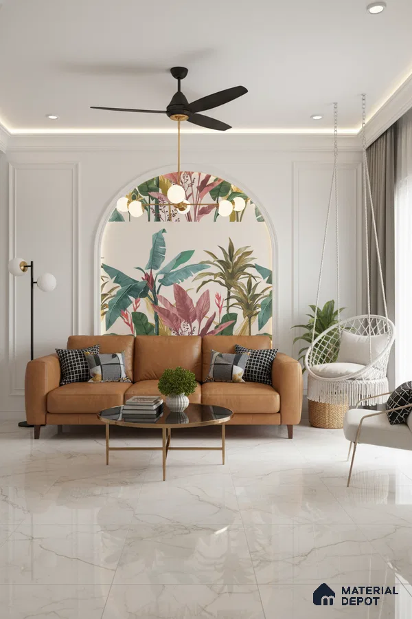 Modern living room with tropical wallpaper accent and glossy white marble floor tiles in Bengaluru