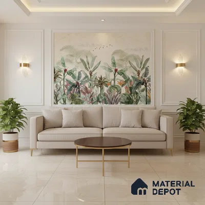 Modern living room with tropical wallpaper accent and ivory marble floor tiles in Bengaluru