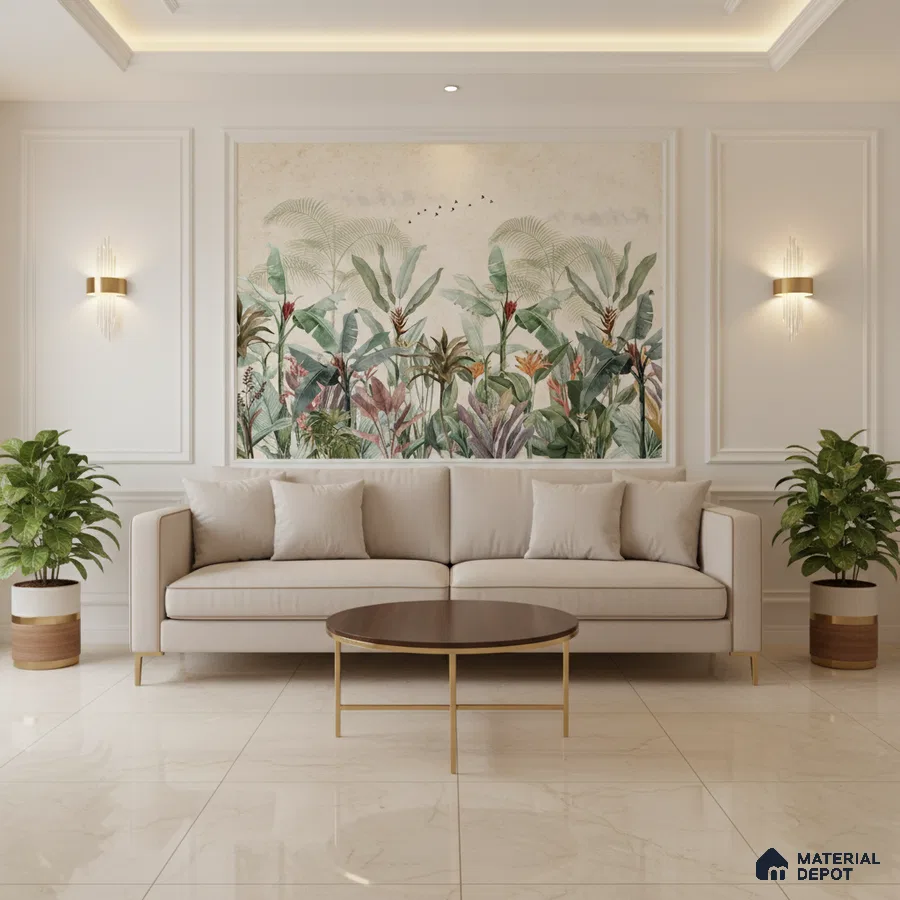 Modern living room with tropical wallpaper accent and ivory marble floor tiles in Bengaluru