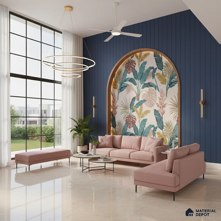 Modern living room with tropical wallpaper accent, blue fluted wall panels, and blush pink sofas in Bengaluru