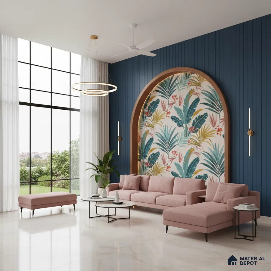 Modern living room with tropical wallpaper accent, blue fluted wall panels, and marble floor tiles in Bengaluru