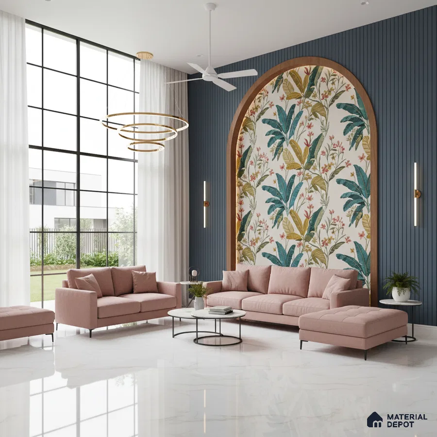 Modern living room with tropical wallpaper accent, blue fluted wall panels, and marble floor tiles in Bengaluru