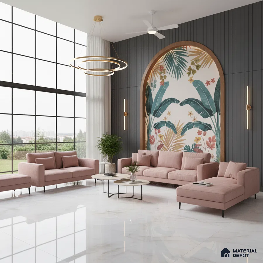 Modern living room with tropical wallpaper accent, blush pink sofa, and white marble floor tiles in Bengaluru
