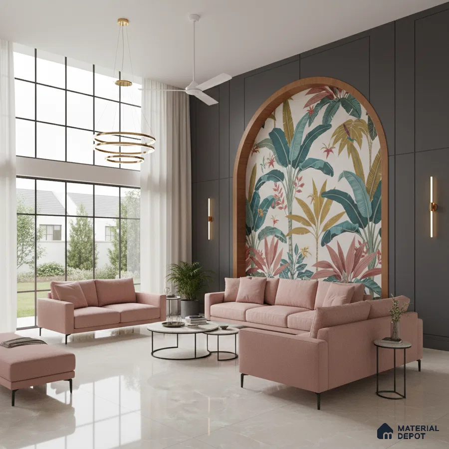 Modern living room with tropical wallpaper accent, blush pink sofas, and marble floor tiles in Bengaluru