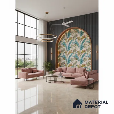 Modern living room with tropical wallpaper accent, fluted wall panels, and beige marble floor tiles in Bengaluru
