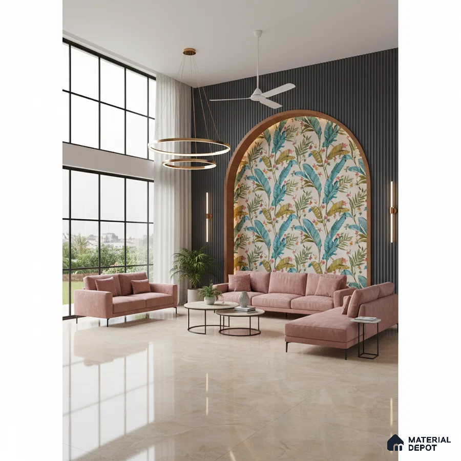 Modern living room with tropical wallpaper accent, fluted wall panels, and beige marble floor tiles in Bengaluru