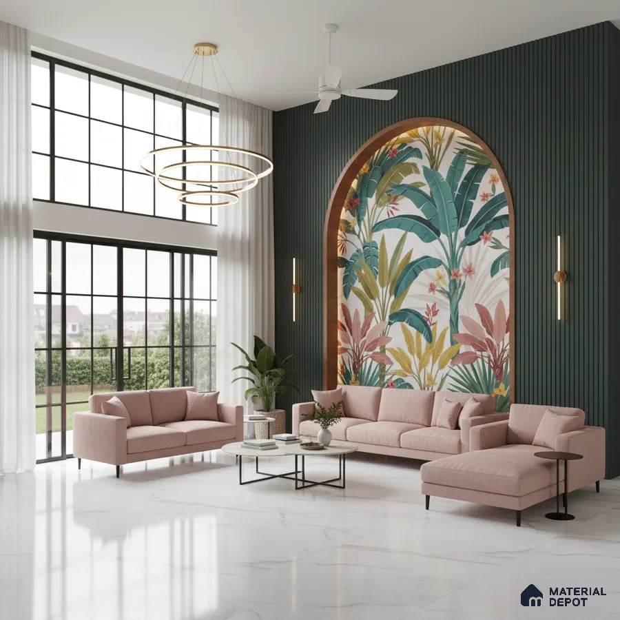 Modern living room with tropical wallpaper accent, fluted wall panels, and marble floor tiles in Bengaluru