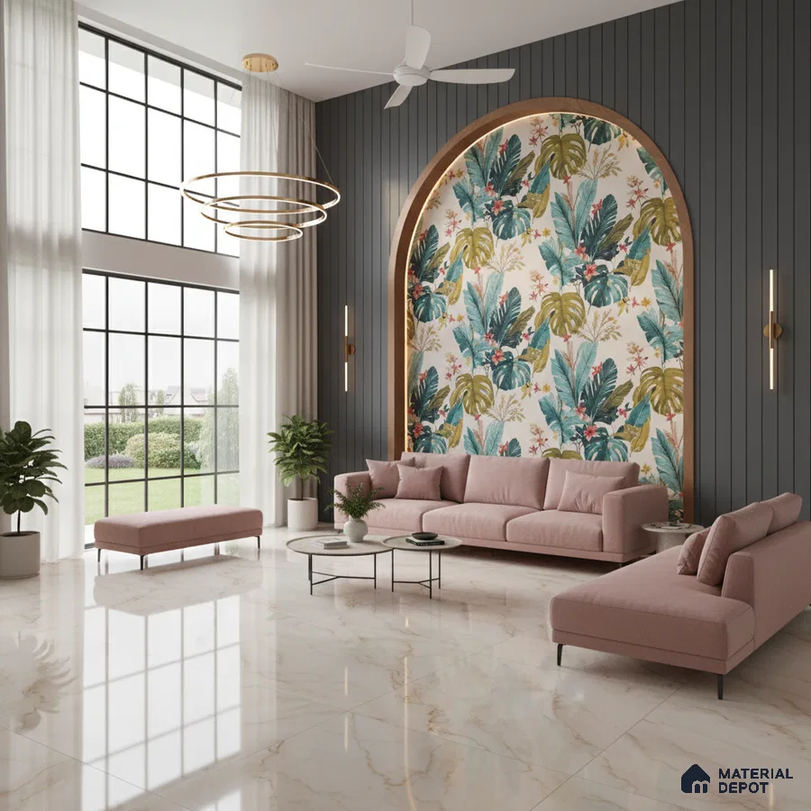 Modern living room with tropical wallpaper accent, grey fluted wall panels, and marble floor tiles in Bengaluru