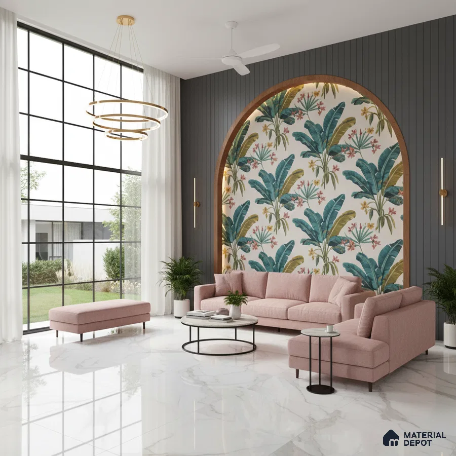 Modern living room with tropical wallpaper accent, grey fluted wall panels, and white marble floor tiles in Bengaluru