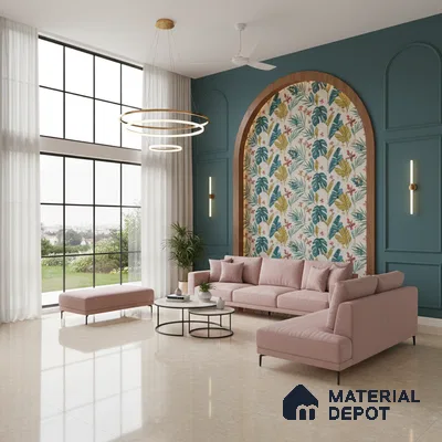 Modern living room with tropical wallpaper accent, pastel pink sofa, and beige marble floor tiles in Bengaluru