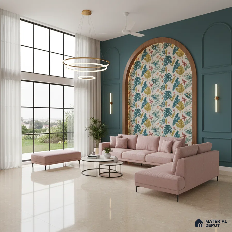 Modern living room with tropical wallpaper accent, pastel pink sofa, and beige marble floor tiles in Bengaluru